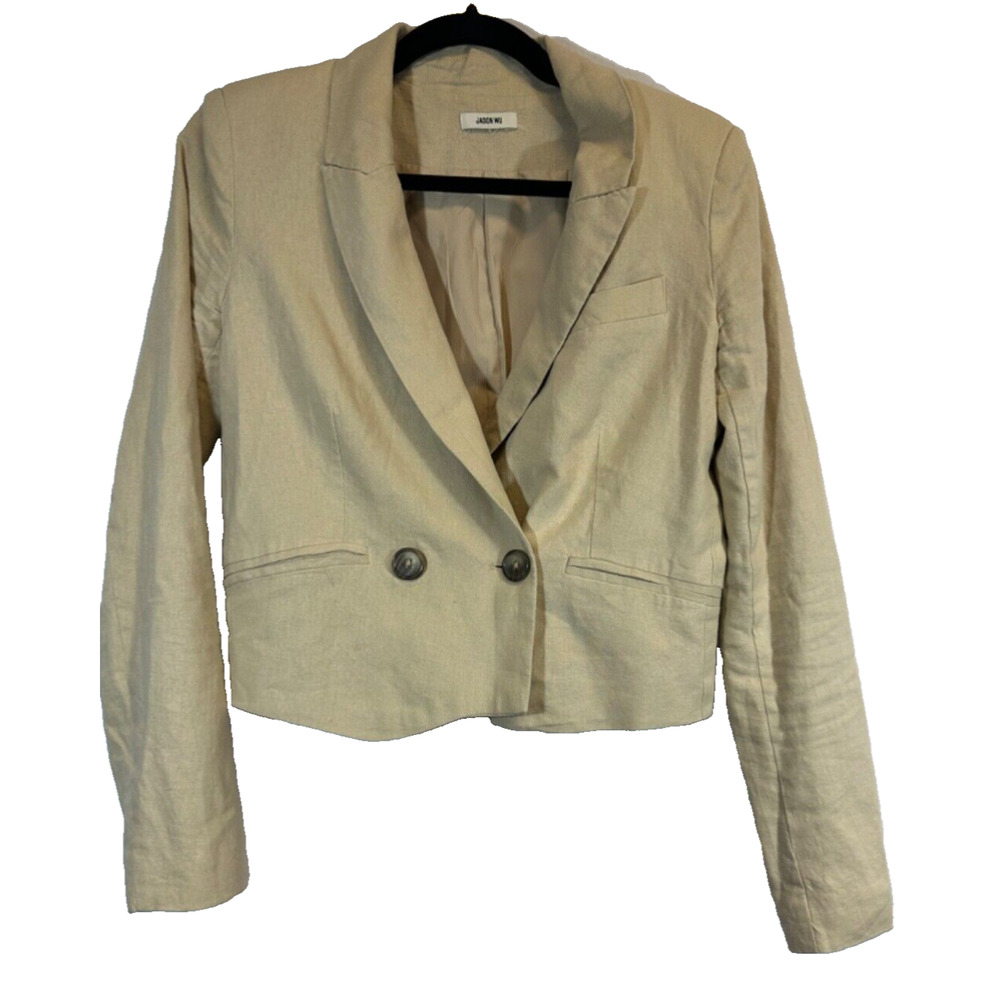 Jason Wu S/M? Cropped, Double Breasted Blazer, Tan, Linen Blend Career Lined C6